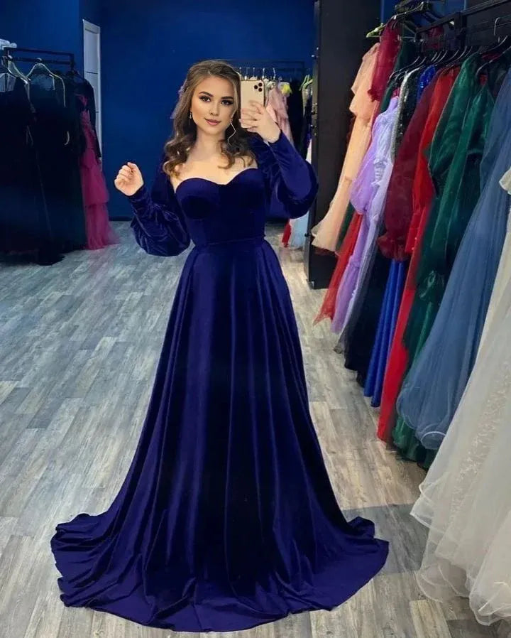TingPo Wholesale Elegant Simple A line Long Sleeves Royal Blue Velvet Prom Dress Long Evening Dress