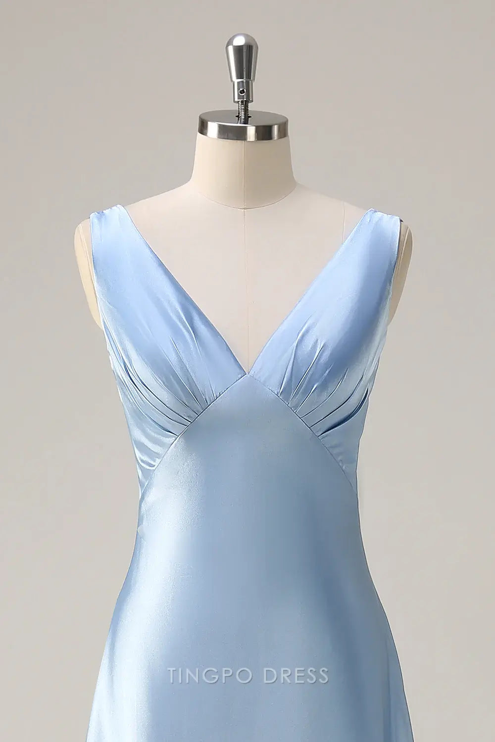 Elegant Sky Blue A Line V Neck Open Back Satin Long Bridesmaid Dress Prom Dress