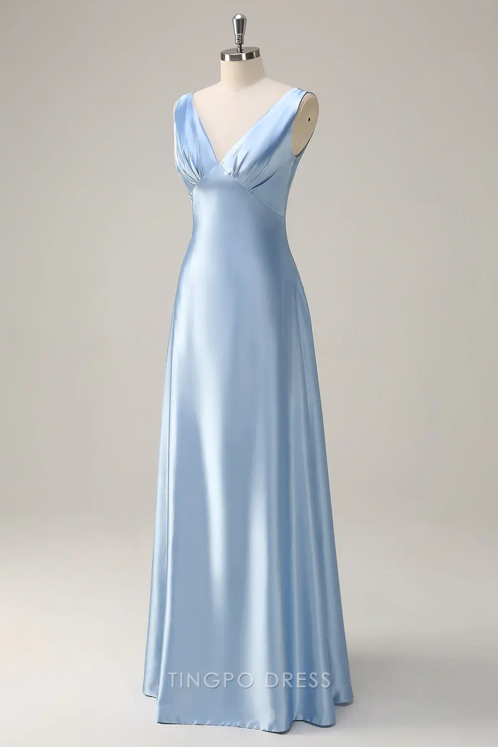 Elegant Sky Blue A Line V Neck Open Back Satin Long Bridesmaid Dress Prom Dress