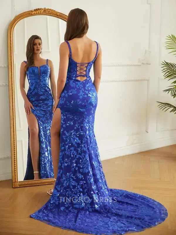 Elegant Spaghetti Strap Lace-Up Back Sequin High Slit Mermaid Maxi Dress Prom Dress