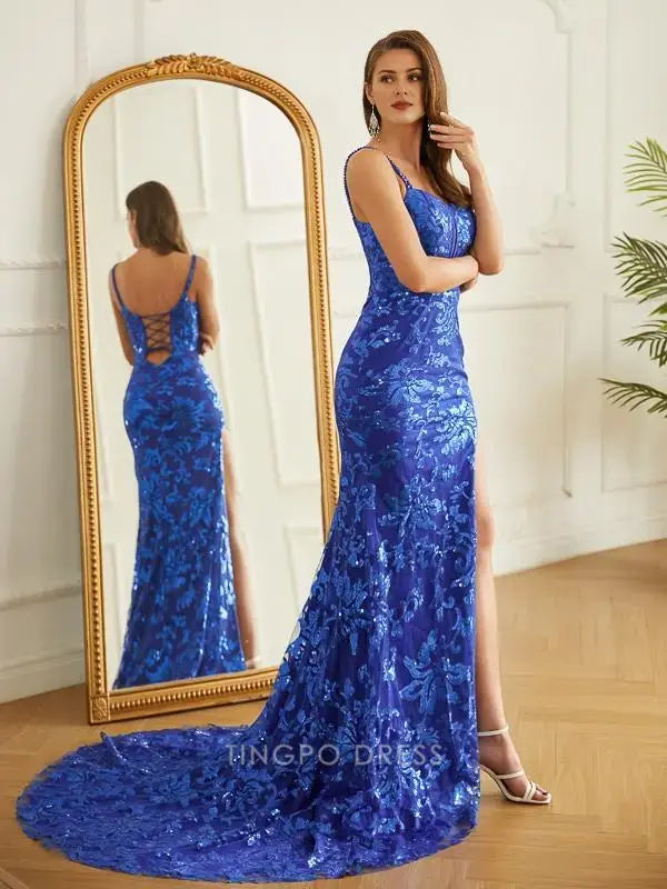 Elegant Spaghetti Strap Lace-Up Back Sequin High Slit Mermaid Maxi Dress Prom Dress