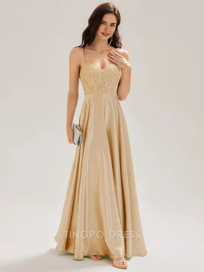 Elegant Spaghetti Strap Lace Bodice Satin Floor-Length Maxi Dress Prom Dress