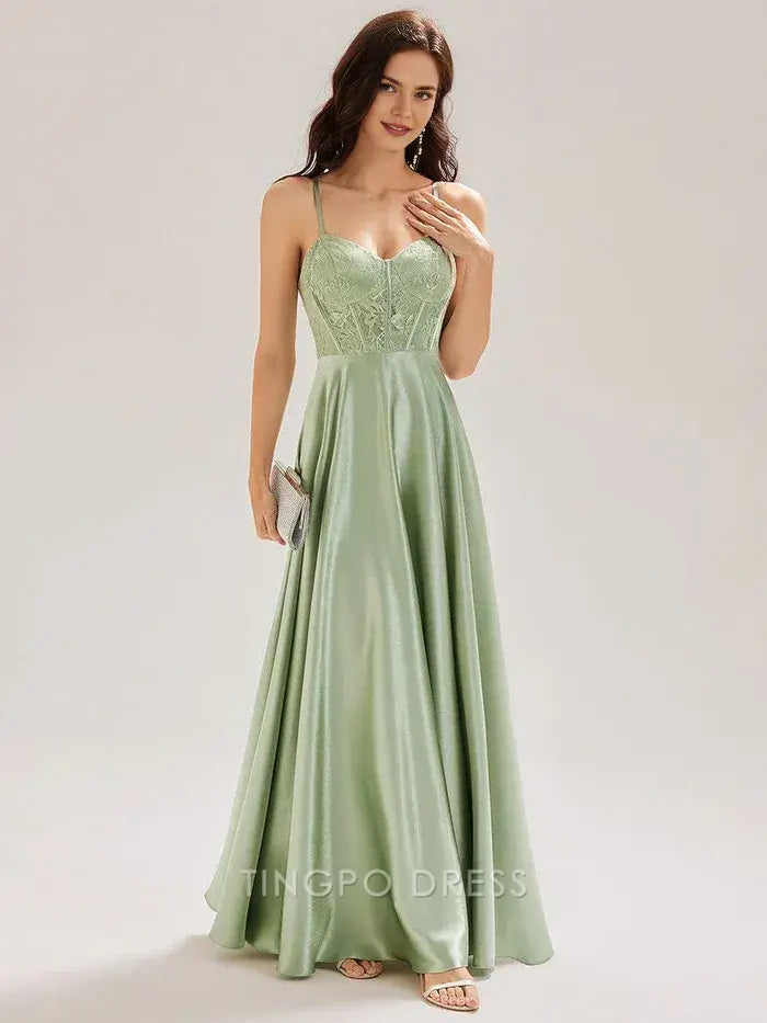 Elegant Spaghetti Strap Lace Bodice Satin Floor-Length Maxi Dress Prom Dress