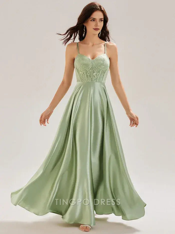 Elegant Spaghetti Strap Lace Bodice Satin Floor-Length Maxi Dress Prom Dress