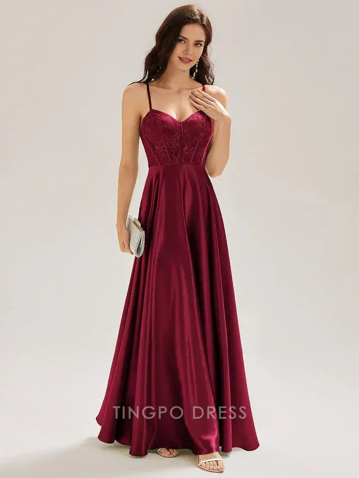 Elegant Spaghetti Strap Lace Bodice Satin Floor-Length Maxi Dress Prom Dress