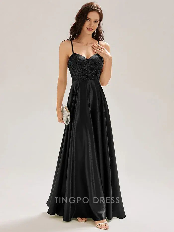 Elegant Spaghetti Strap Lace Bodice Satin Floor-Length Maxi Dress Prom Dress