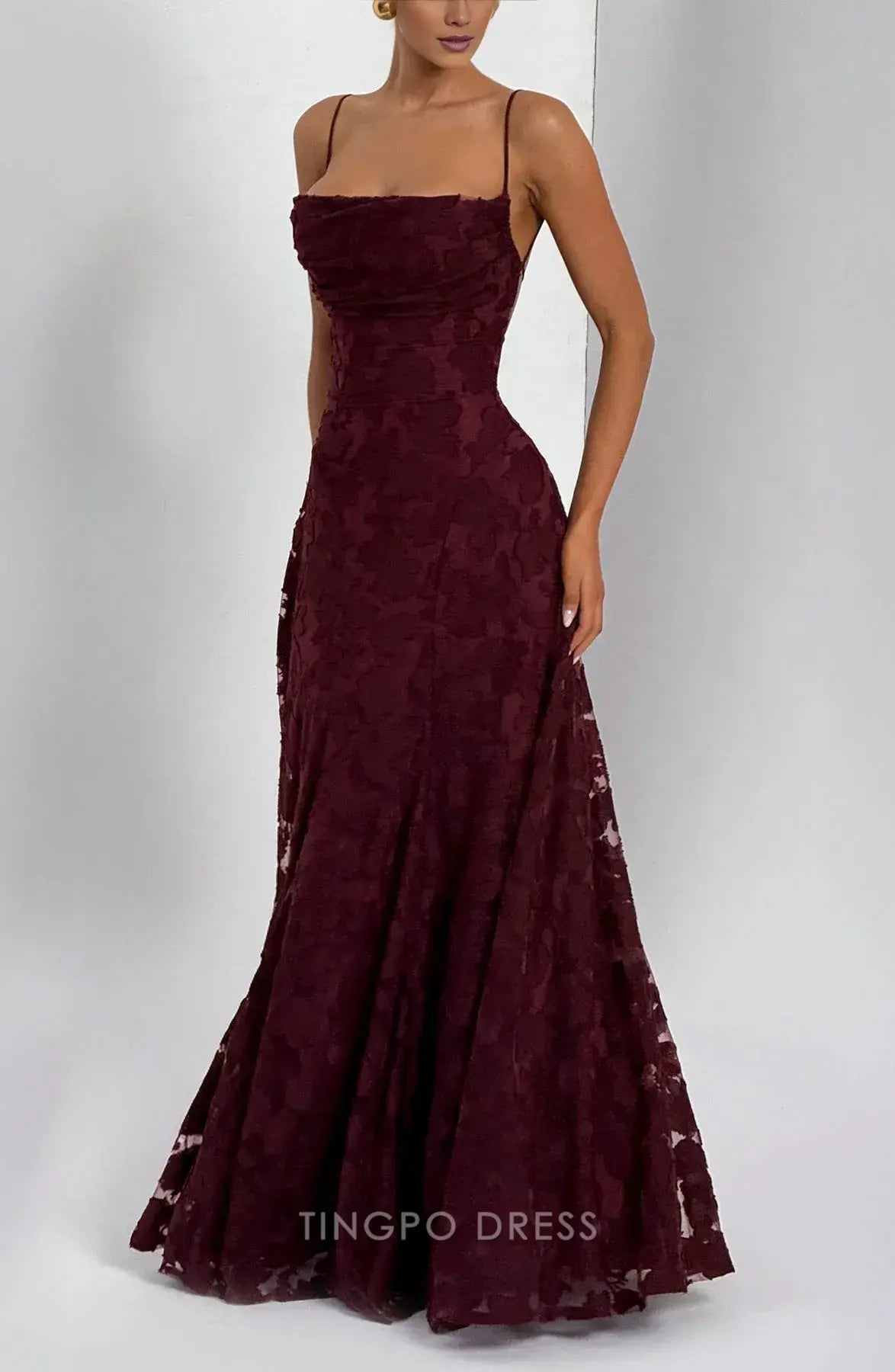Elegant Spaghetti Strap Lace Crisscross Back A-Line Floor-Length Maxi Dress Prom Dress