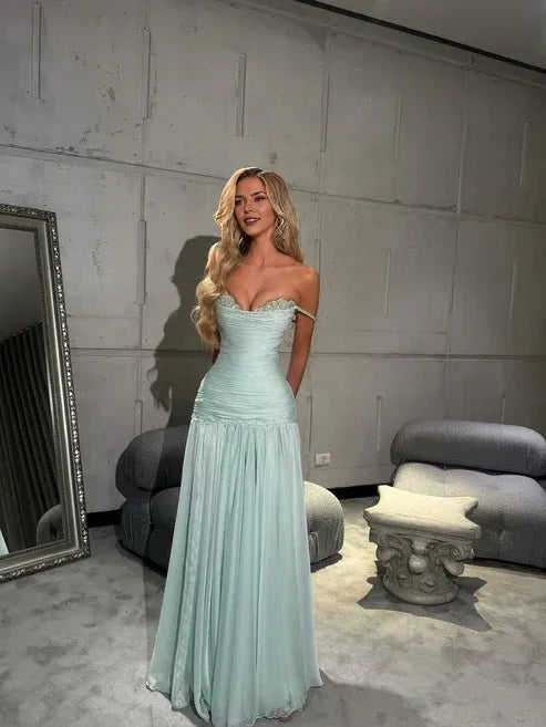 Elegant Spaghetti Strap Ruched Beaded Strap Chiffon Mermaid Maxi Dress Prom Dress