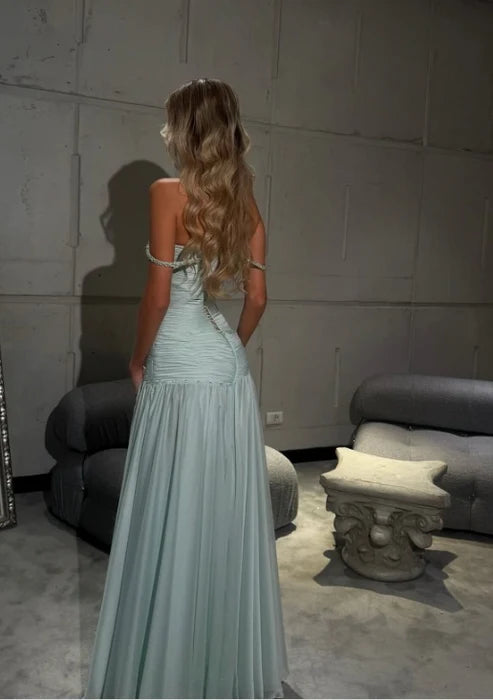 Elegant Spaghetti Strap Ruched Beaded Strap Chiffon Mermaid Maxi Dress Prom Dress