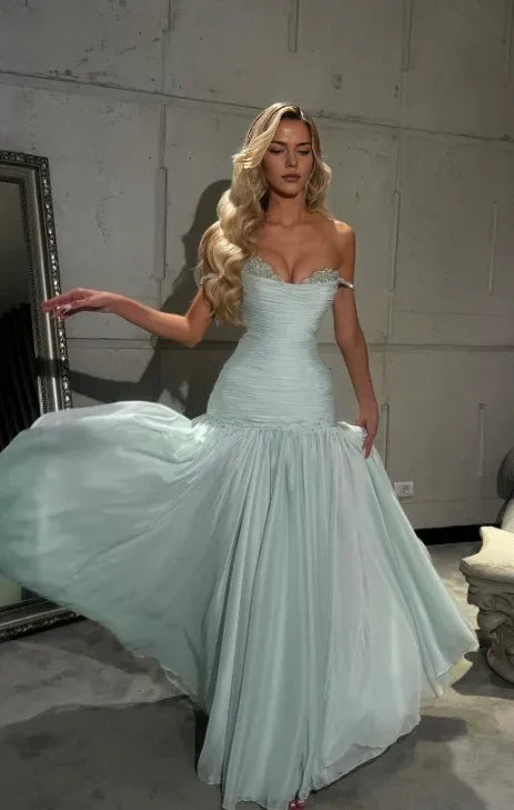 Elegant Spaghetti Strap Ruched Beaded Strap Chiffon Mermaid Maxi Dress Prom Dress