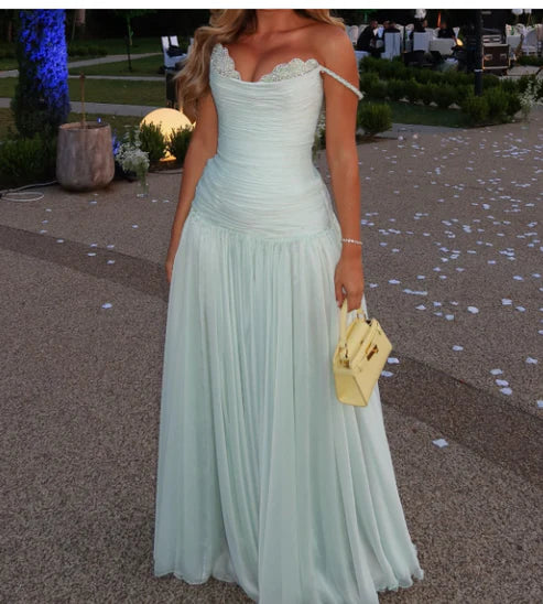 Elegant Spaghetti Strap Ruched Beaded Strap Chiffon Mermaid Maxi Dress Prom Dress