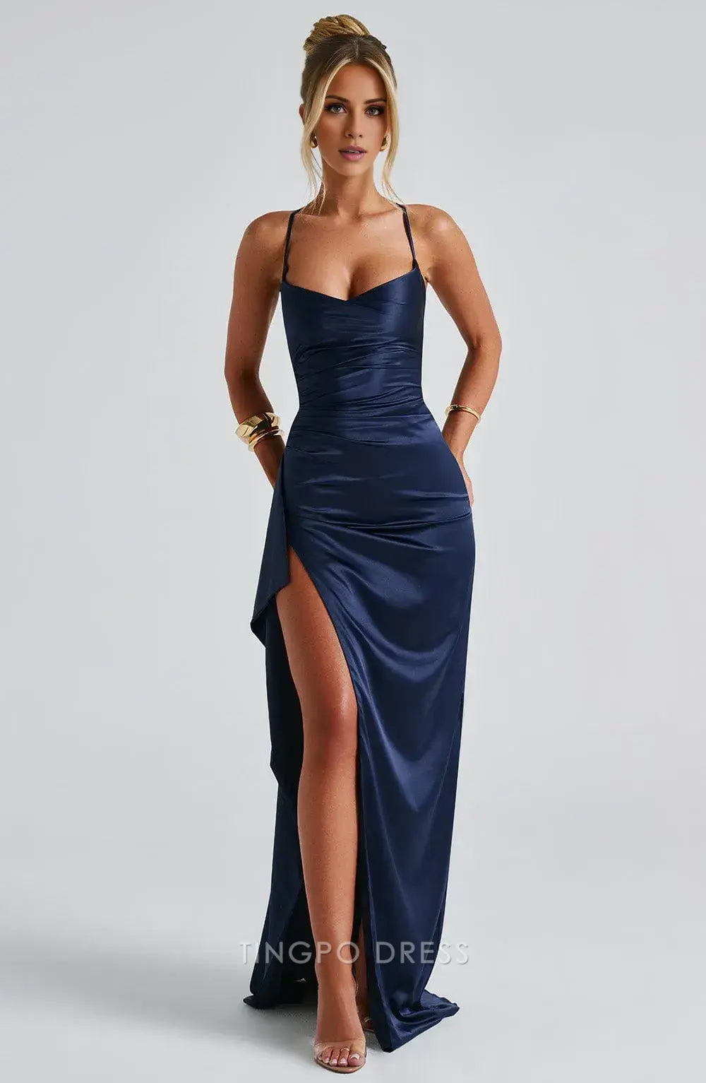 Elegant Spaghetti Strap Ruched High Slit Satin Mermaid Maxi Dress Prom Dress