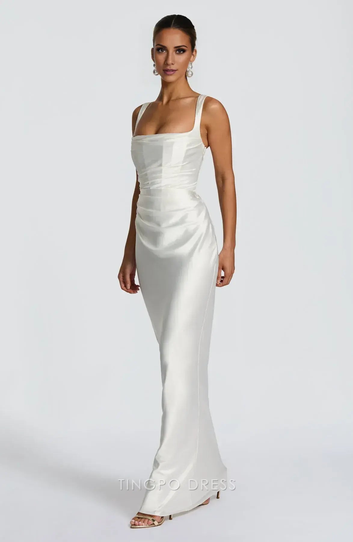 Elegant Square Neck Lace-Up Back Satin Mermaid Floor-Length Maxi Dress Prom Dress