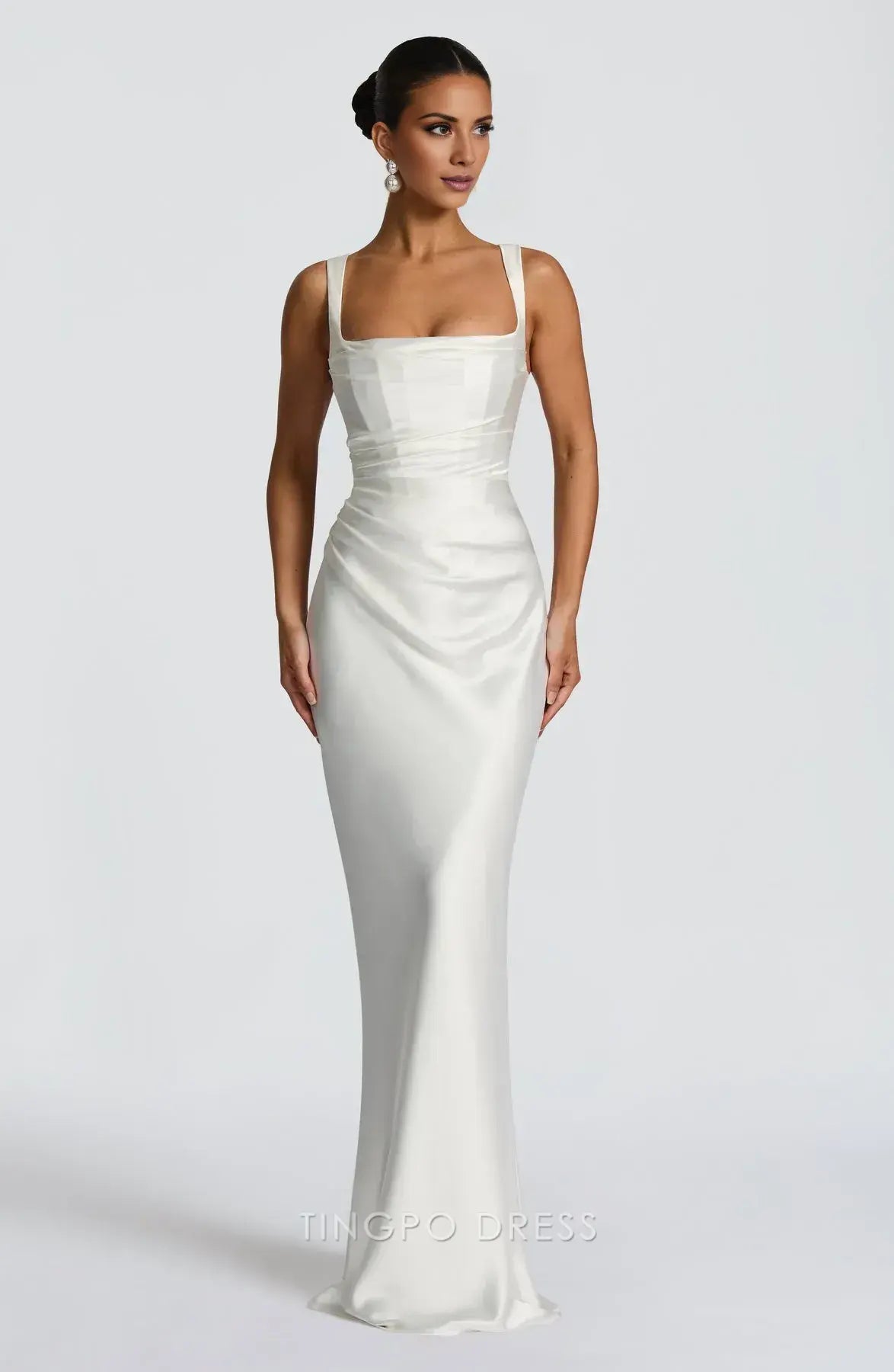 Elegant Square Neck Lace-Up Back Satin Mermaid Floor-Length Maxi Dress Prom Dress