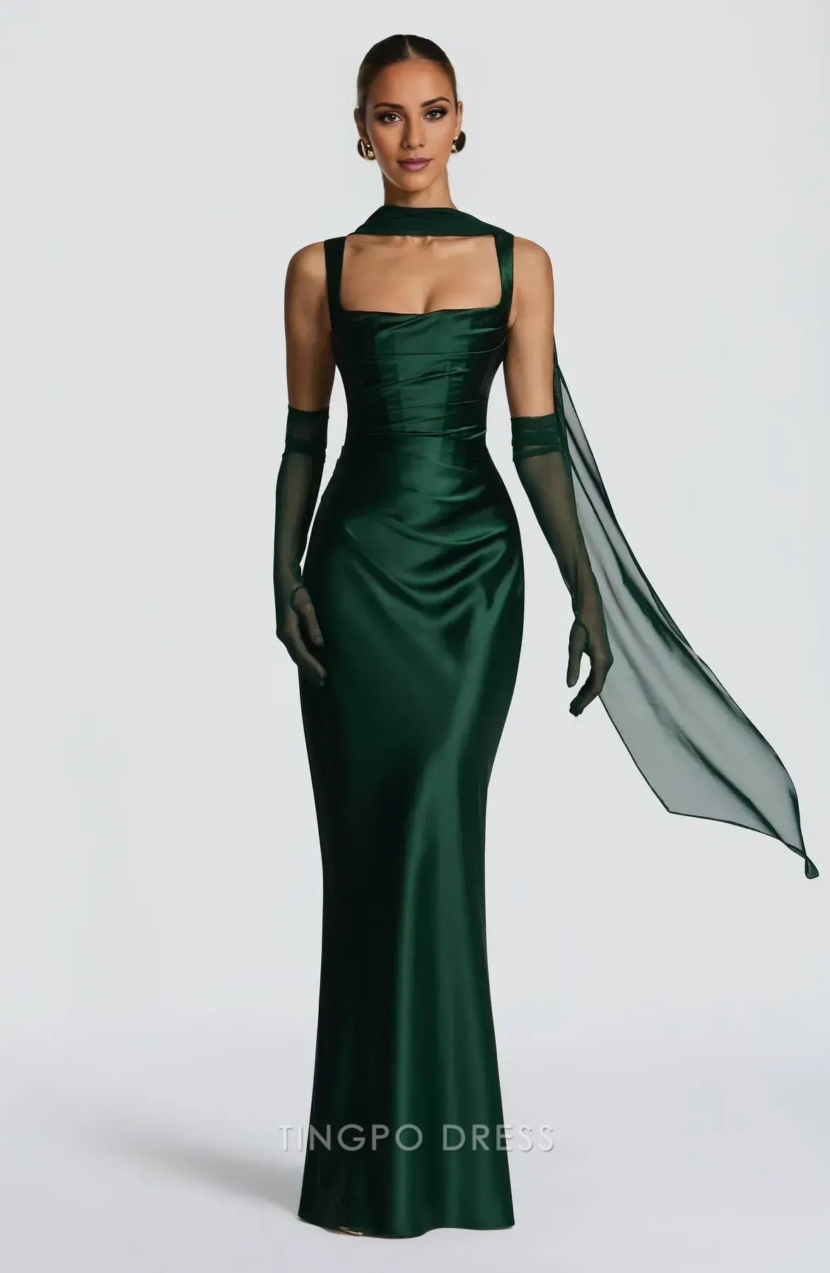 Elegant Square Neck Lace-Up Back Satin Mermaid Maxi Dress with Scarf Detail Prom Dress