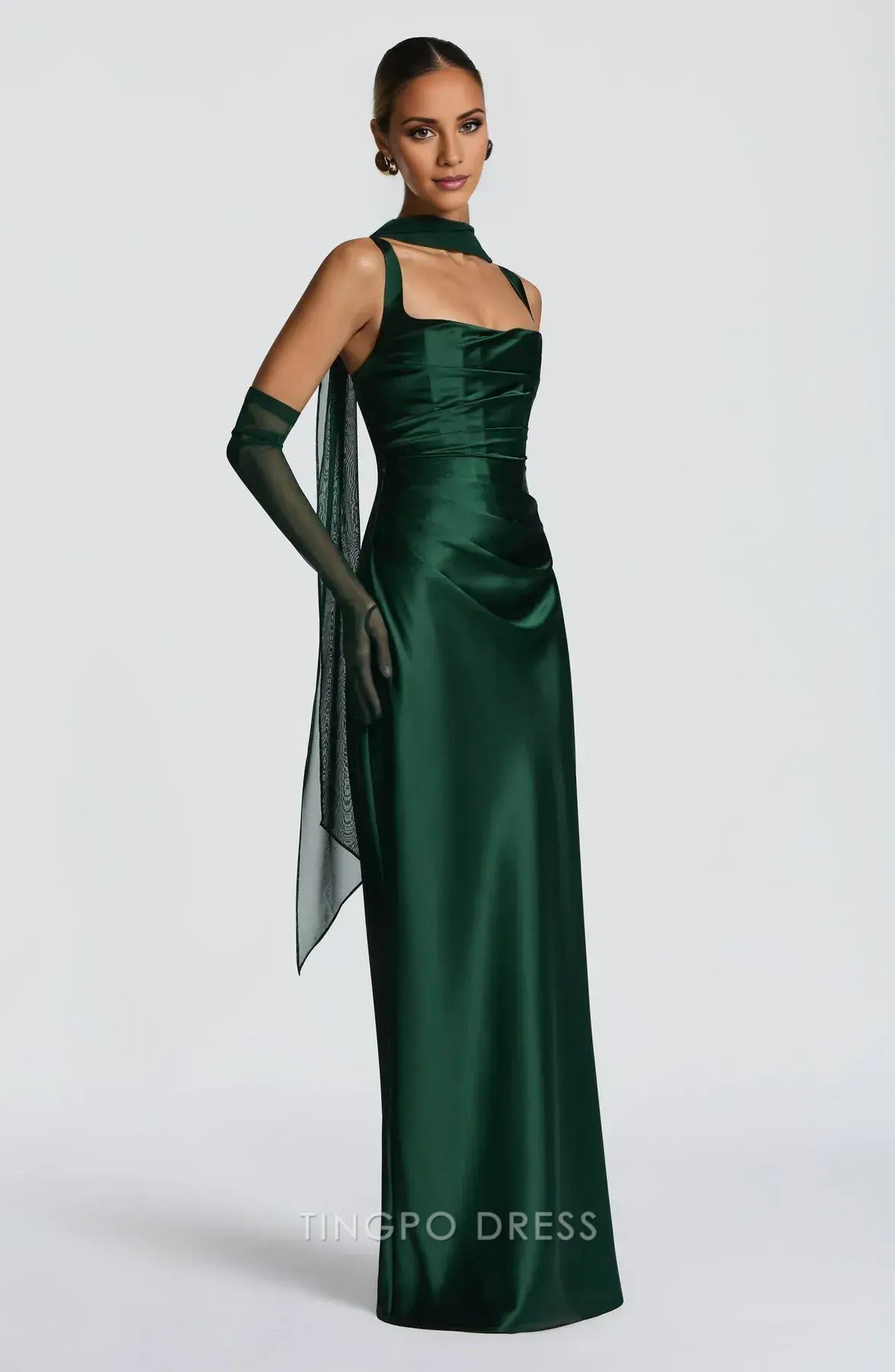 Elegant Square Neck Lace-Up Back Satin Mermaid Maxi Dress with Scarf Detail Prom Dress