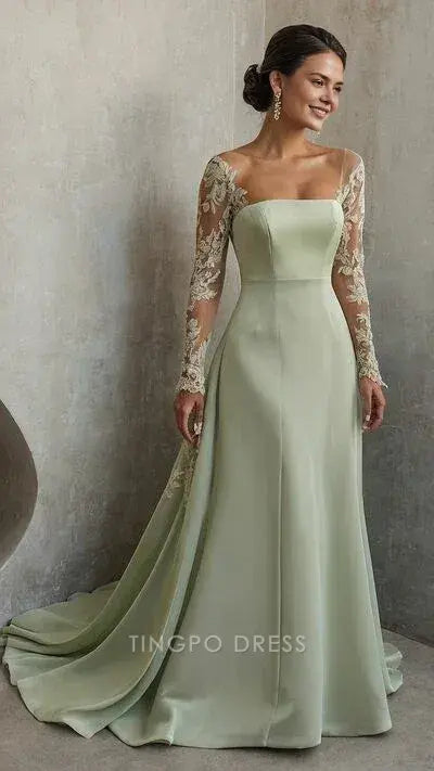 Elegant Square Neck Lace Sleeve Mermaid Sweep/Brush Train Maxi Dress with Train Prom Dress