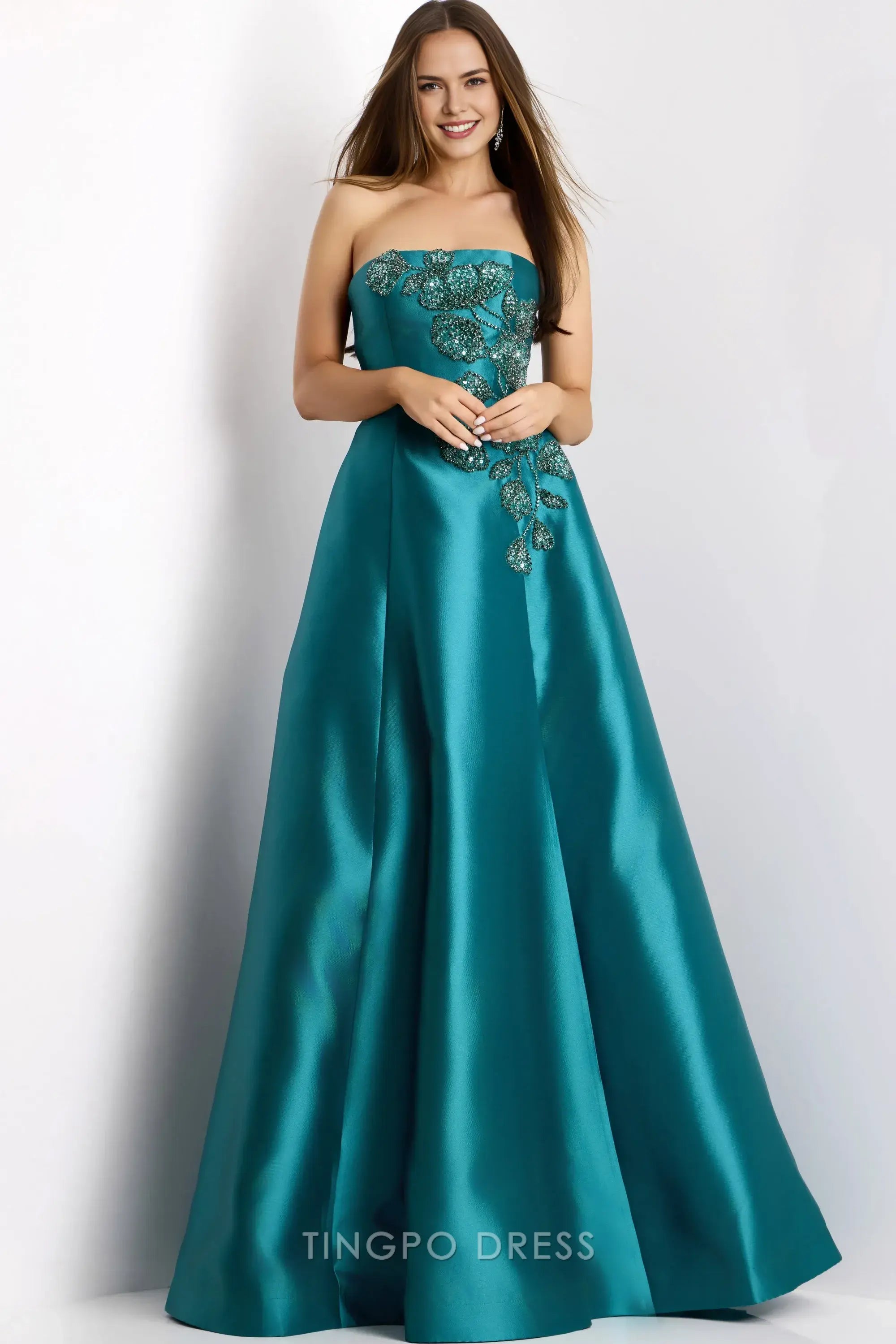 Elegant Strapless Beaded Floral Satin Ball Gown Floor-Length Maxi Dress Prom Dress