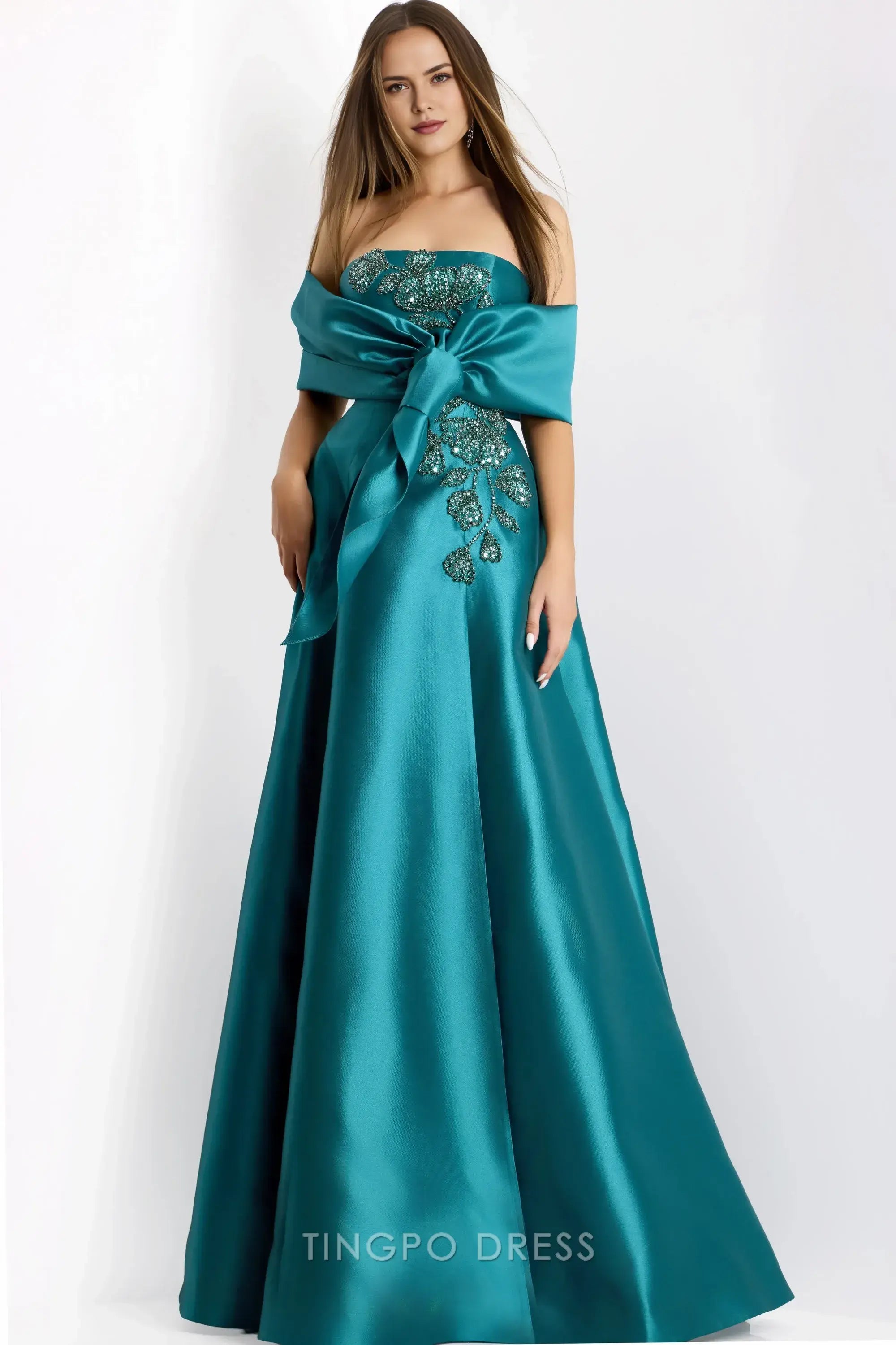 Elegant Strapless Beaded Floral Satin Ball Gown Floor-Length Maxi Dress Prom Dress