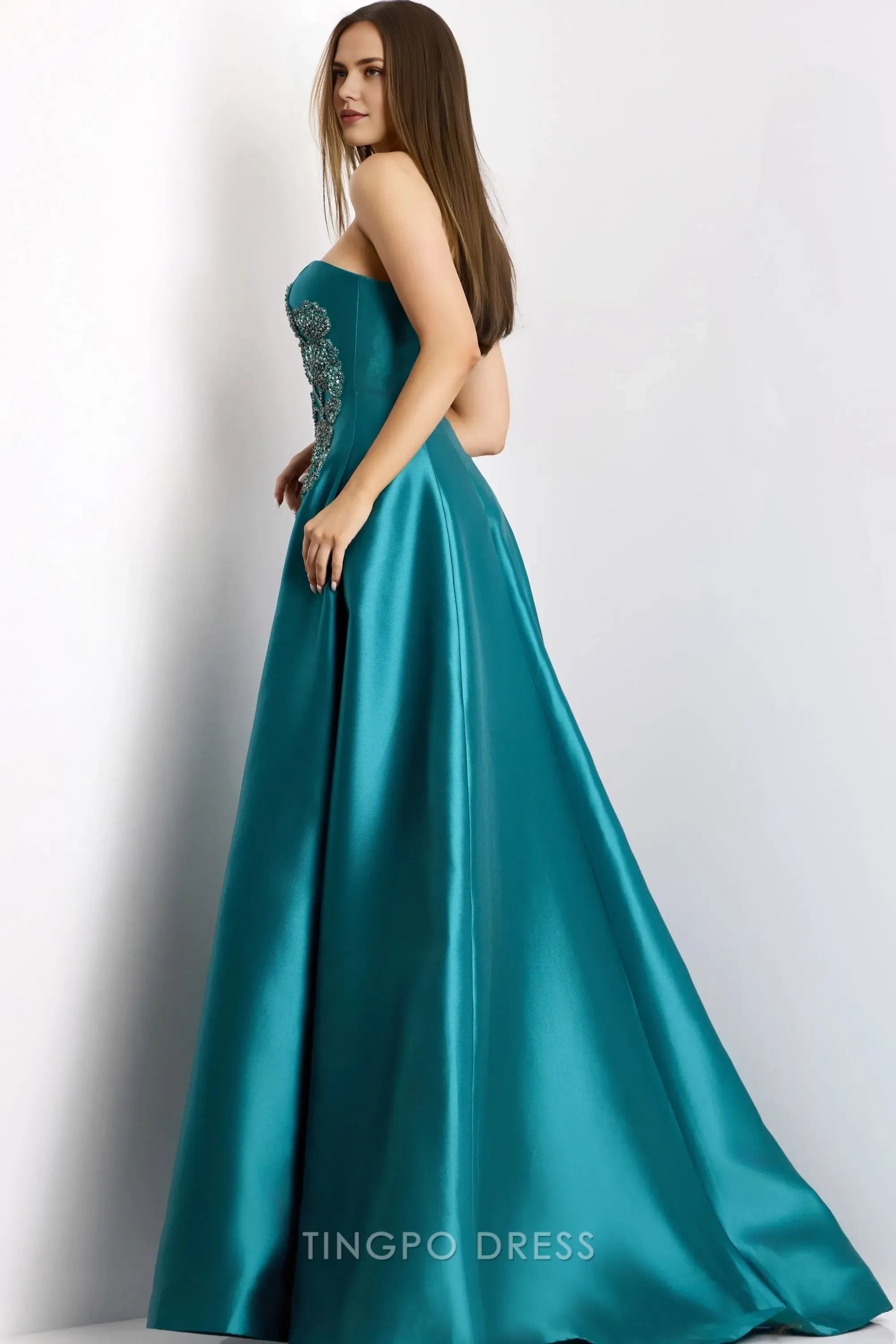 Elegant Strapless Beaded Floral Satin Ball Gown Floor-Length Maxi Dress Prom Dress