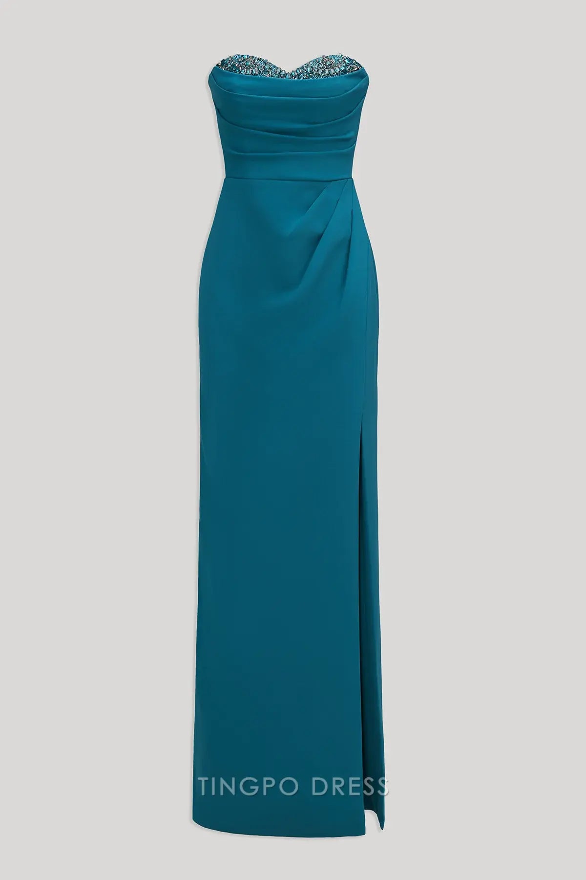 Elegant Strapless Beaded Sweetheart Ruched Slit Sheath Maxi Dress Prom Dress