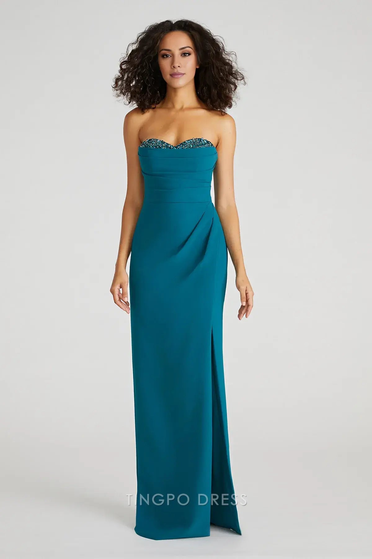 Elegant Strapless Beaded Sweetheart Ruched Slit Sheath Maxi Dress Prom Dress