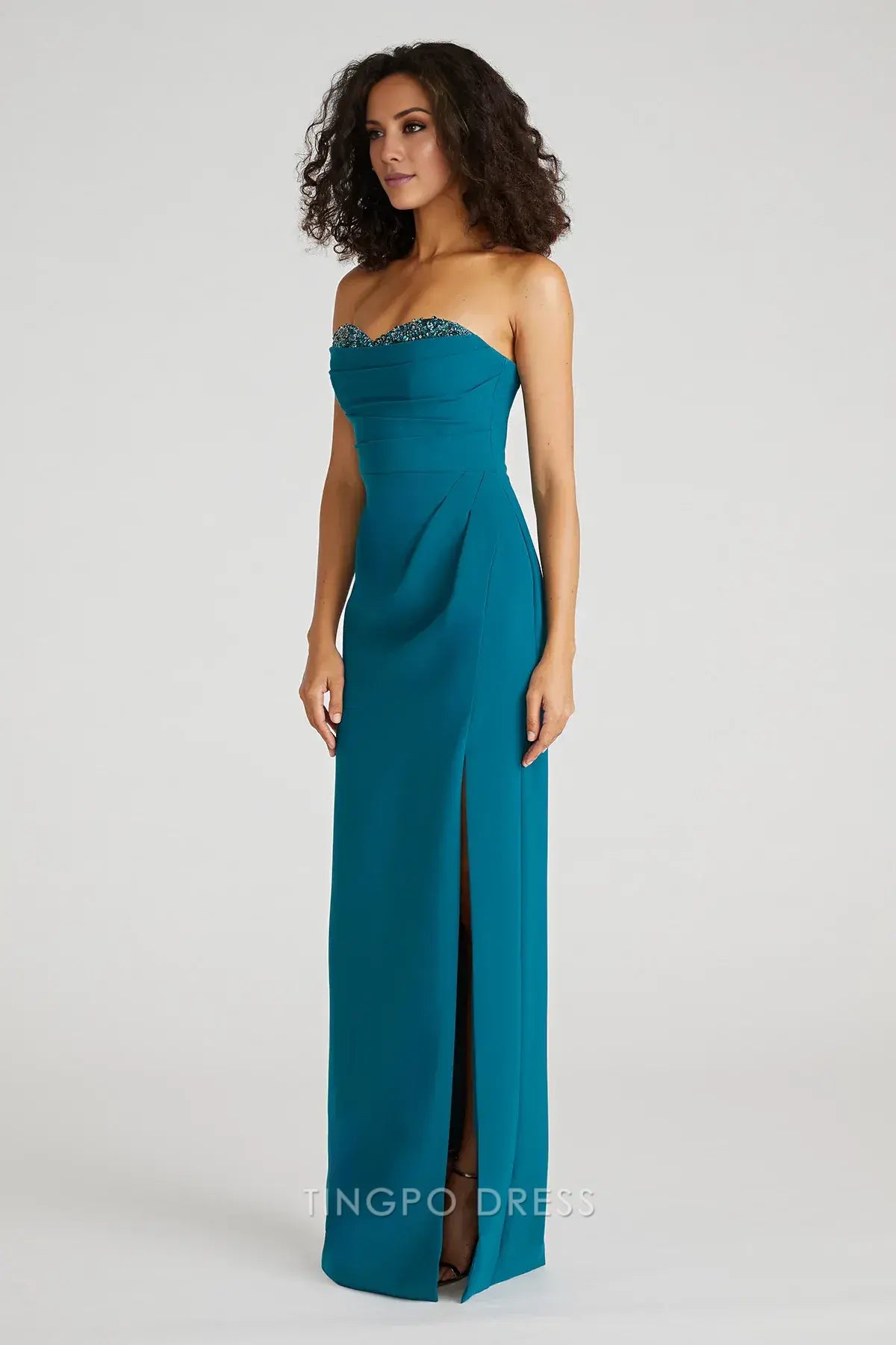 Elegant Strapless Beaded Sweetheart Ruched Slit Sheath Maxi Dress Prom Dress