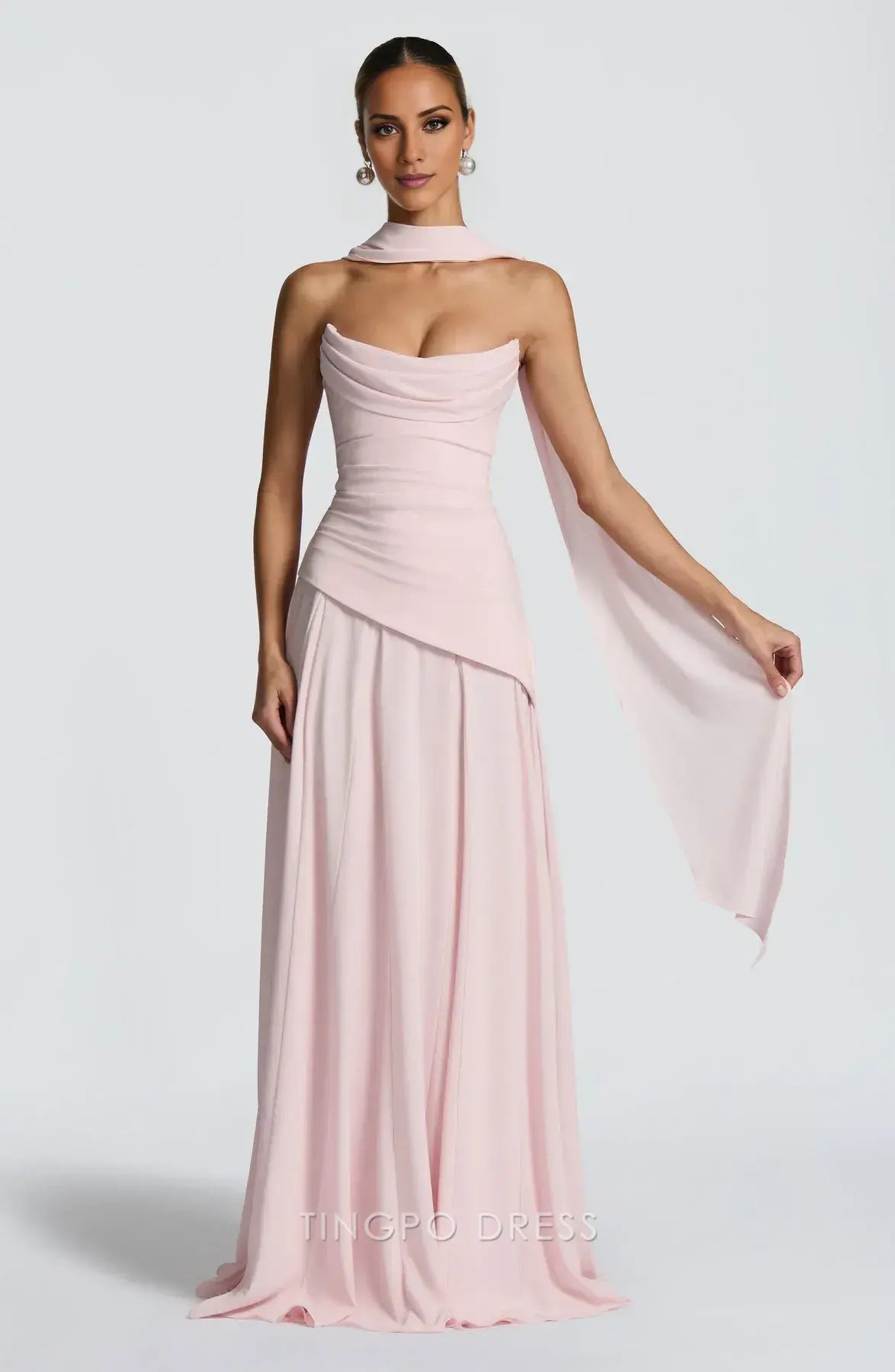 Elegant Strapless Draped Lace-Up Back Asymmetrical Floor-Length Maxi Dress Prom Dress