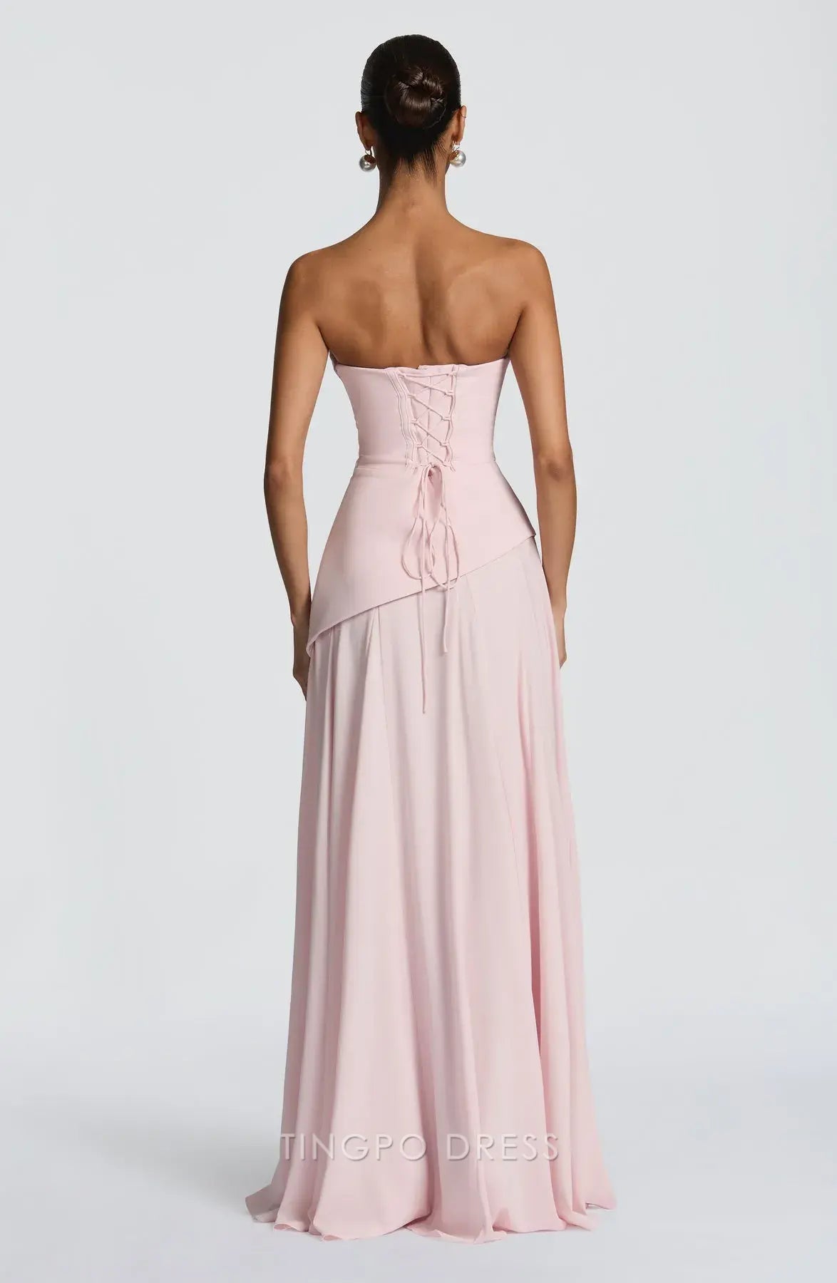 Elegant Strapless Draped Lace-Up Back Asymmetrical Floor-Length Maxi Dress Prom Dress