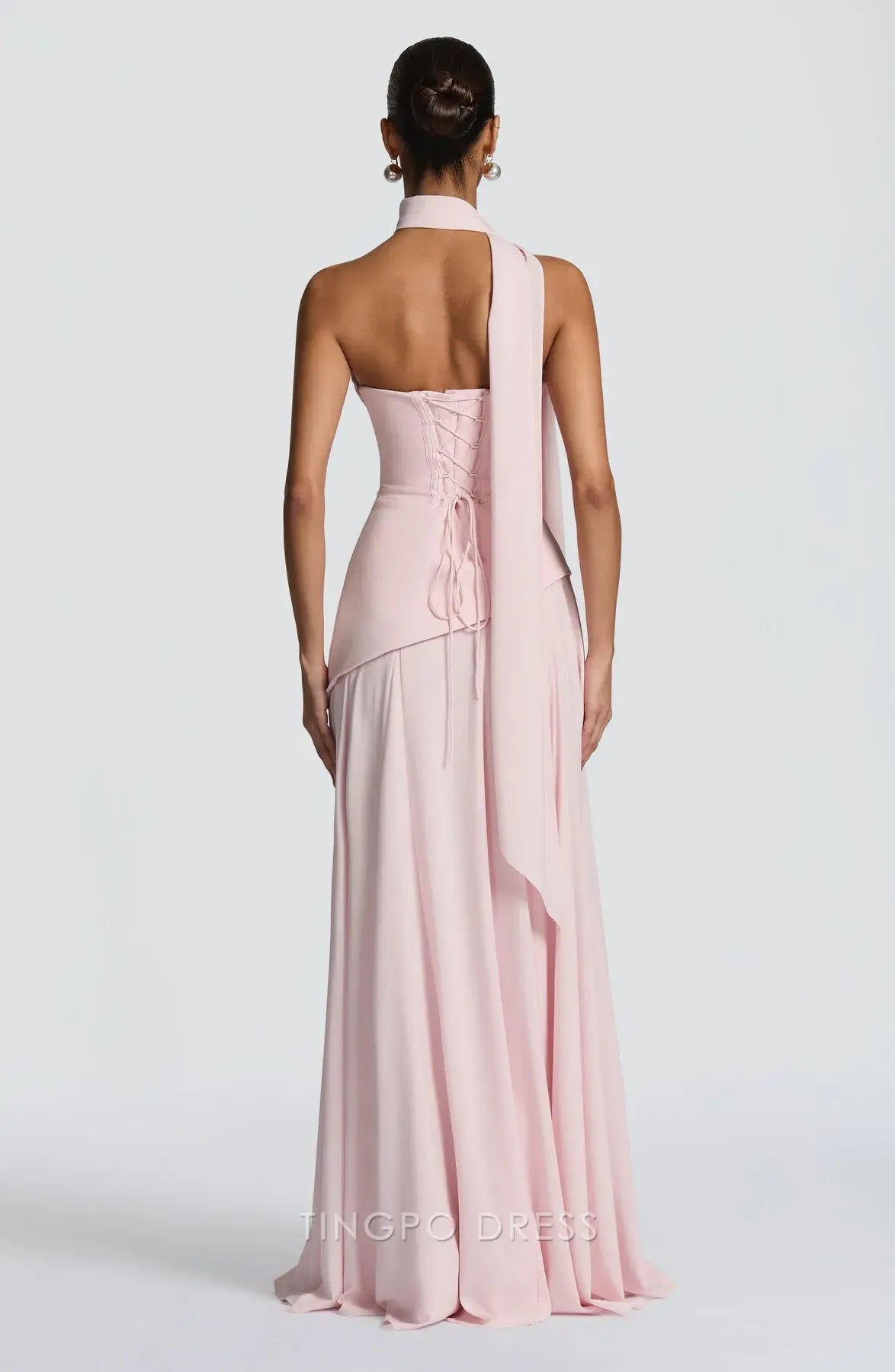 Elegant Strapless Draped Lace-Up Back Asymmetrical Floor-Length Maxi Dress Prom Dress