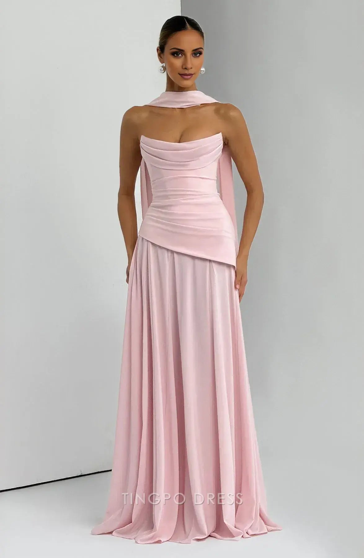 Elegant Strapless Draped Lace-Up Back Asymmetrical Floor-Length Maxi Dress Prom Dress