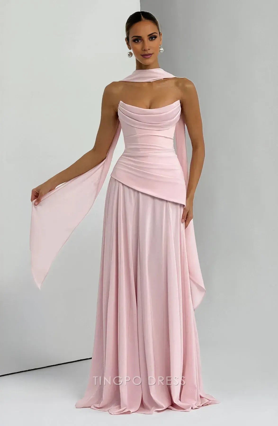 Elegant Strapless Draped Lace-Up Back Asymmetrical Floor-Length Maxi Dress Prom Dress