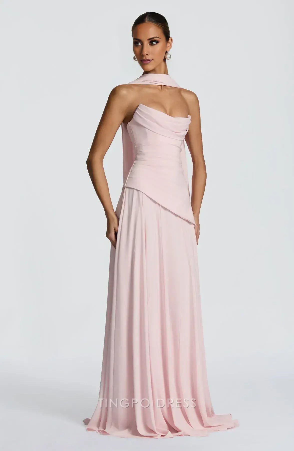 Elegant Strapless Draped Lace-Up Back Asymmetrical Floor-Length Maxi Dress Prom Dress