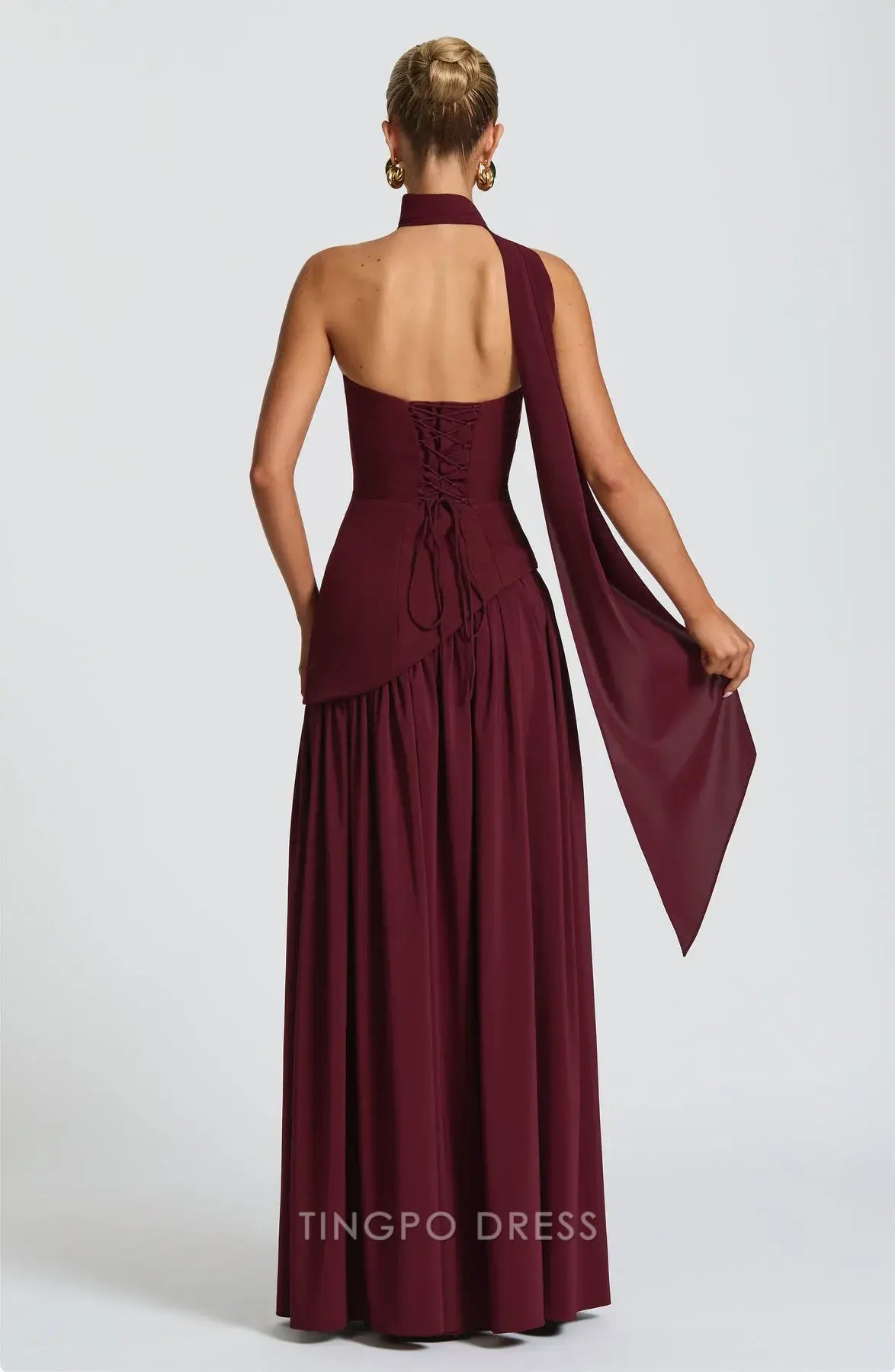 Elegant Strapless High Neck Lace-Up Back Asymmetrical Drape Maxi Dress Prom Dress