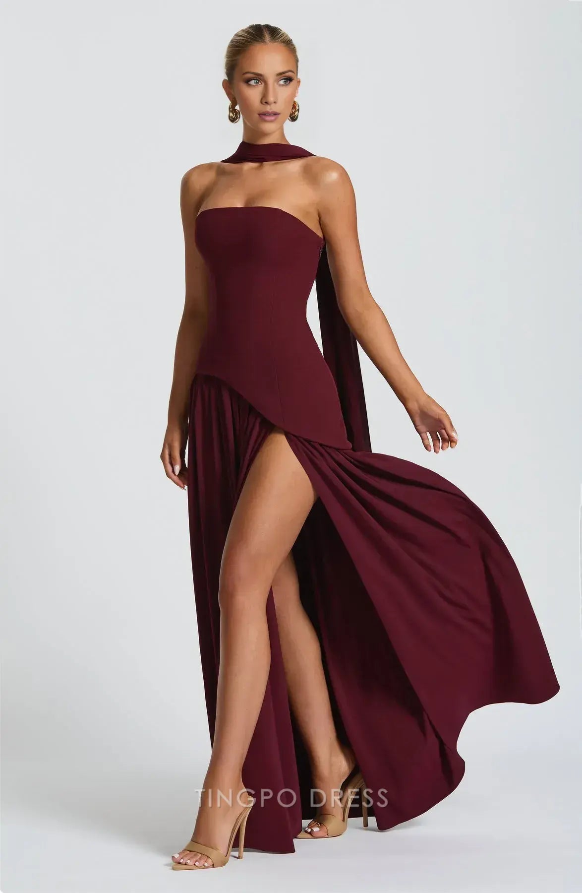 Elegant Strapless High Neck Lace-Up Back Asymmetrical Drape Maxi Dress Prom Dress