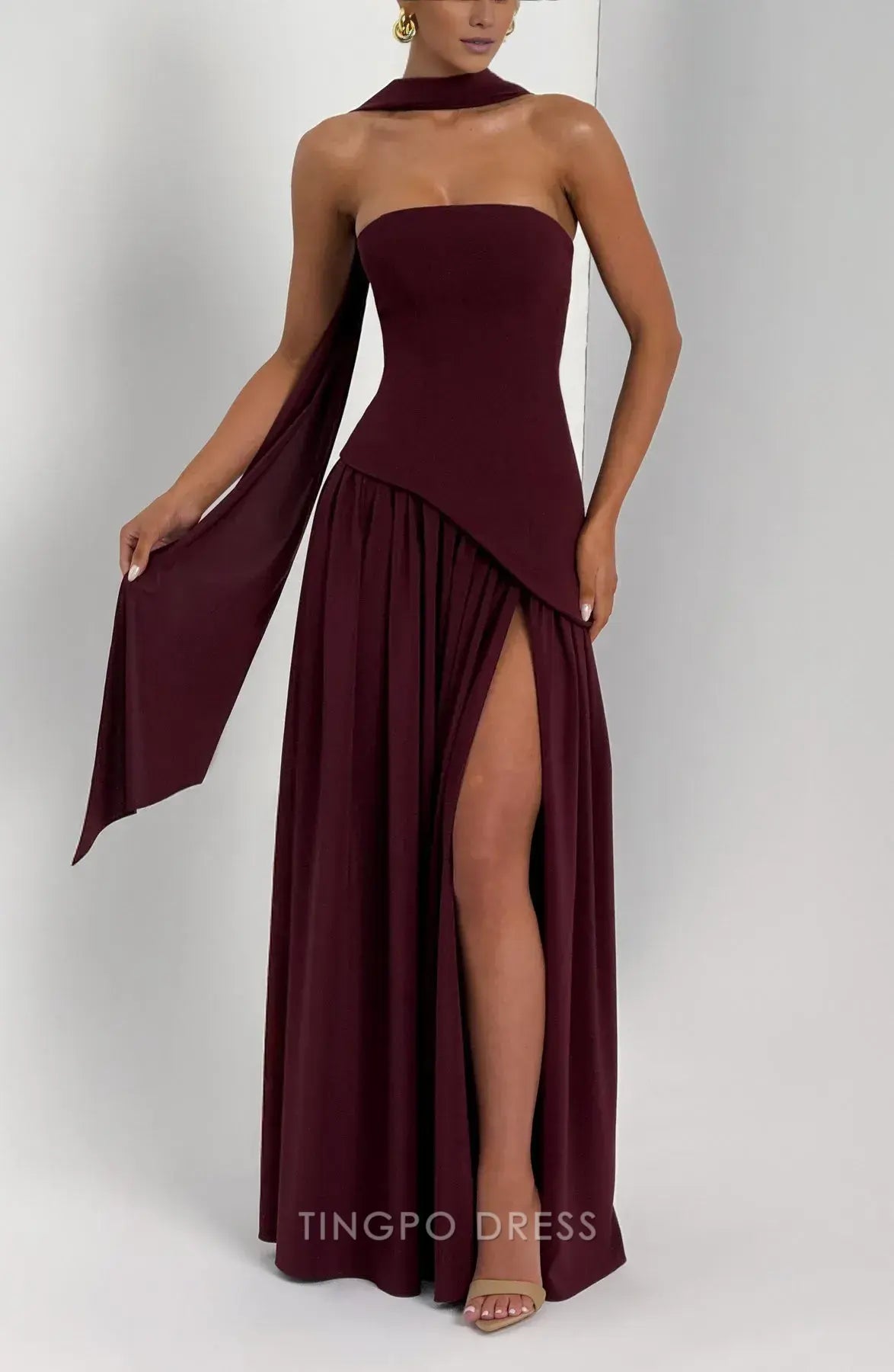 Elegant Strapless High Neck Lace-Up Back Asymmetrical Drape Maxi Dress Prom Dress
