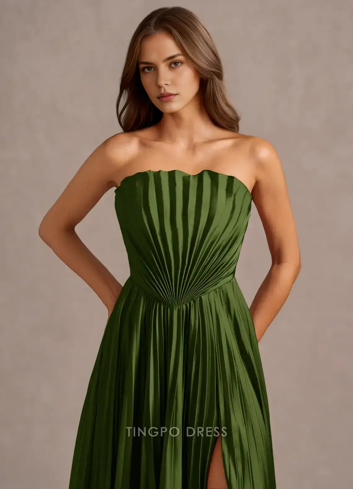 Elegant Strapless Pleated High Slit Open Back A-Line Maxi Dress Prom Dress