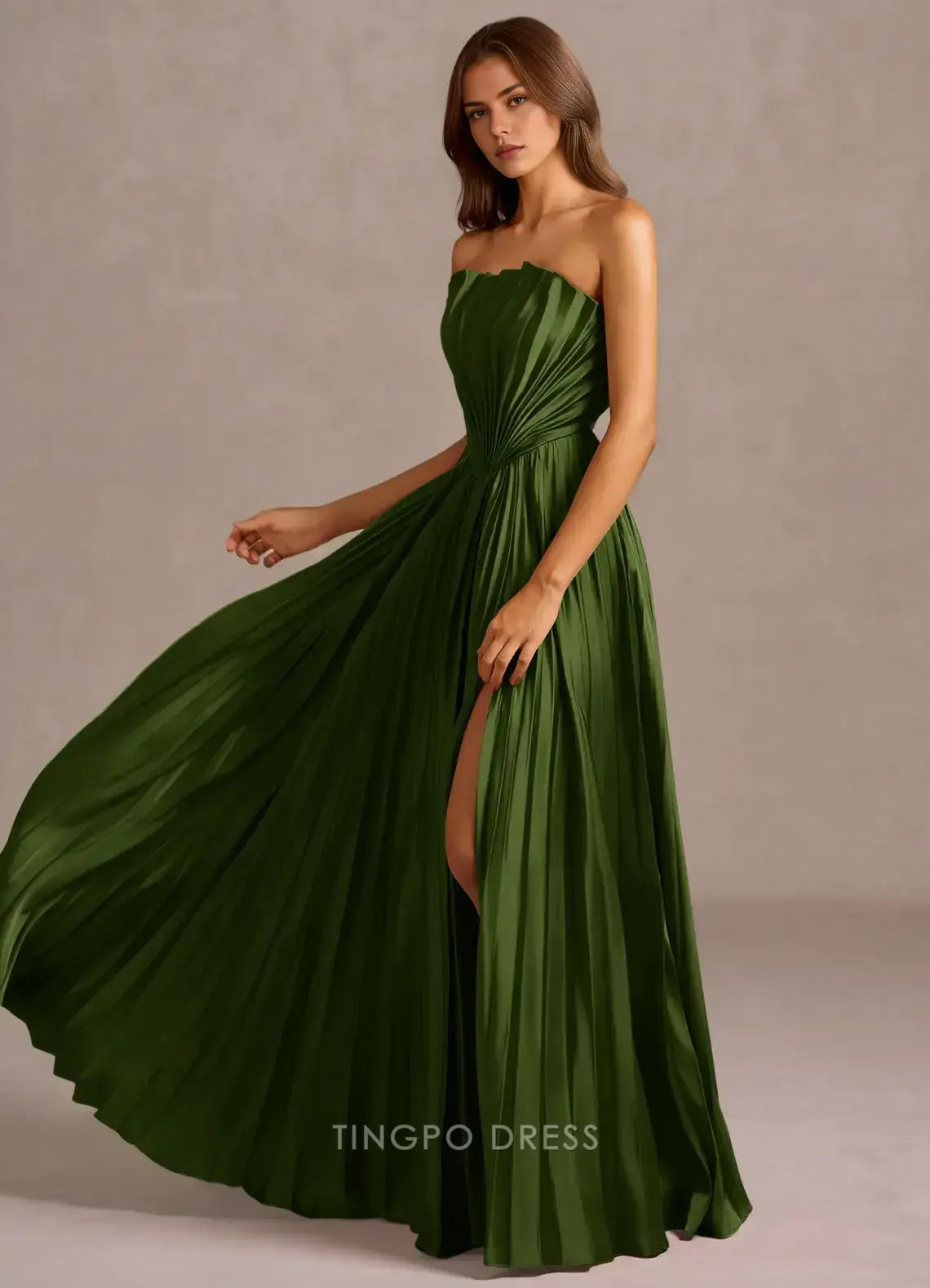 Elegant Strapless Pleated High Slit Open Back A-Line Maxi Dress Prom Dress