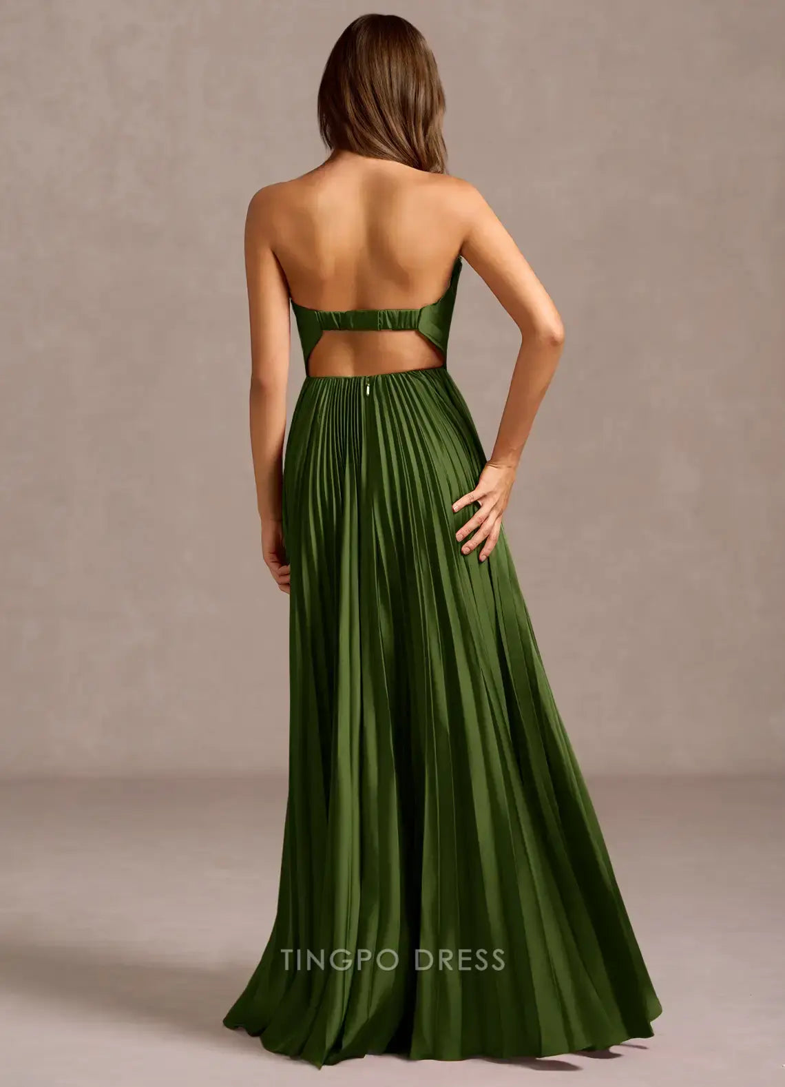 Elegant Strapless Pleated High Slit Open Back A-Line Maxi Dress Prom Dress