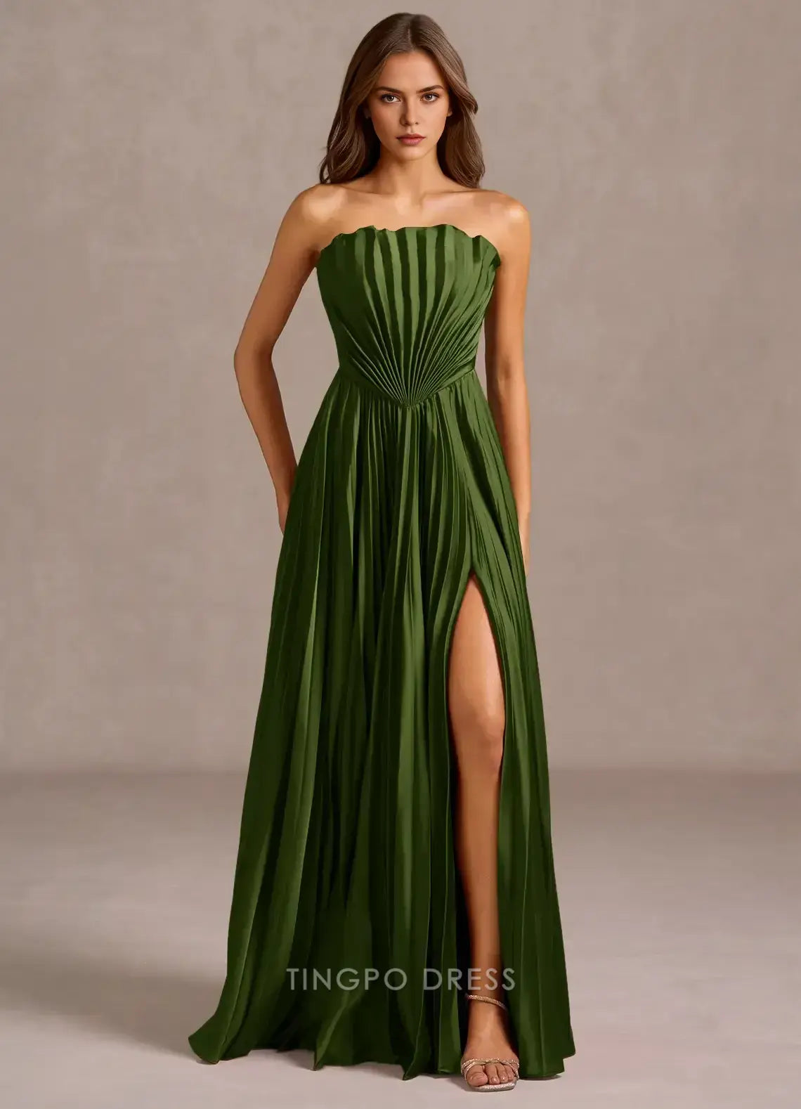 Elegant Strapless Pleated High Slit Open Back A-Line Maxi Dress Prom Dress