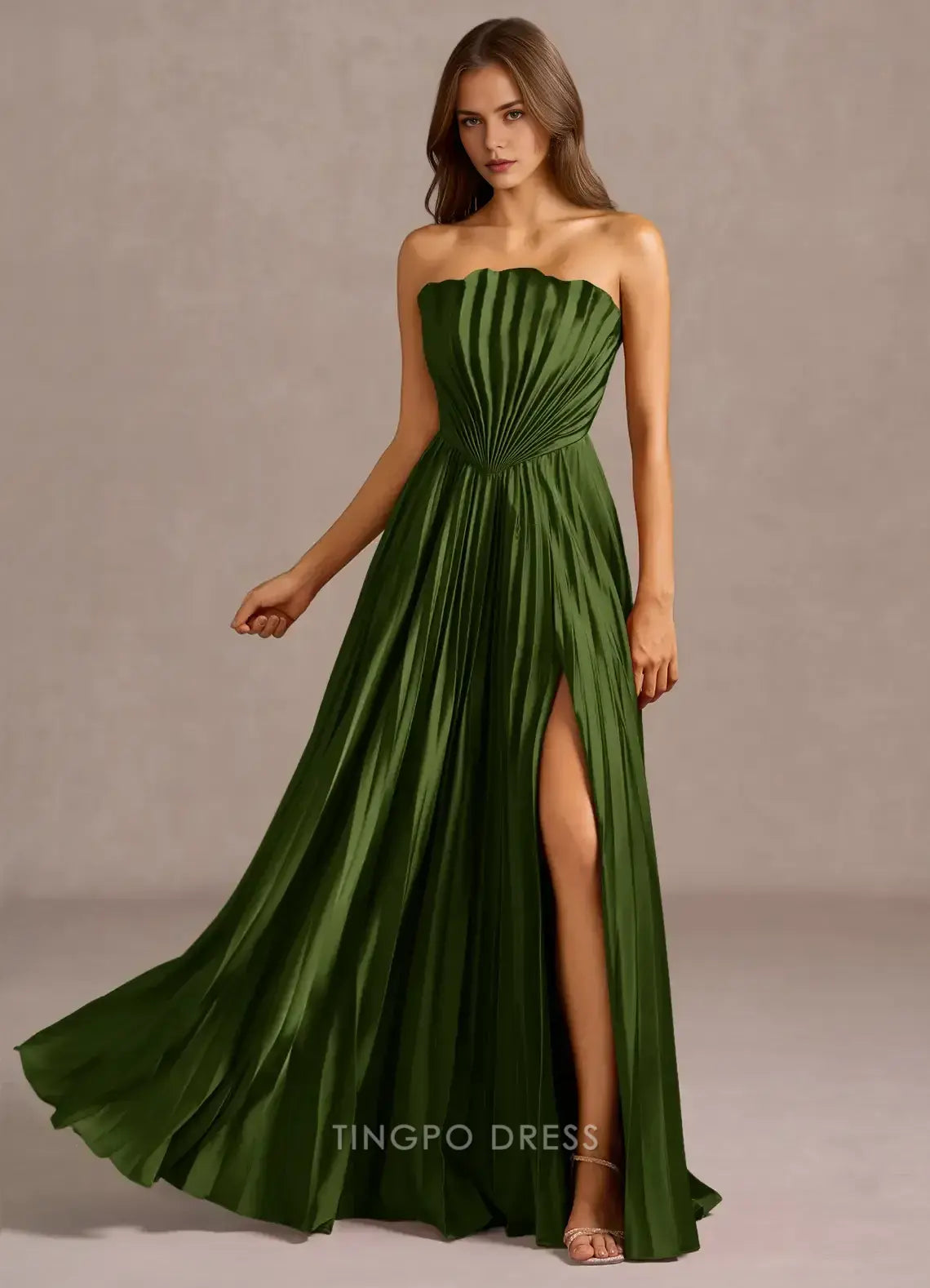 Elegant Strapless Pleated High Slit Open Back A-Line Maxi Dress Prom Dress