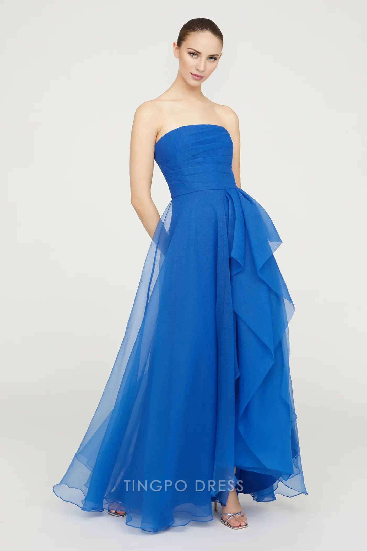 Elegant Strapless Ruched Ruffled Asymmetrical Tulle Maxi Dress Prom Dress