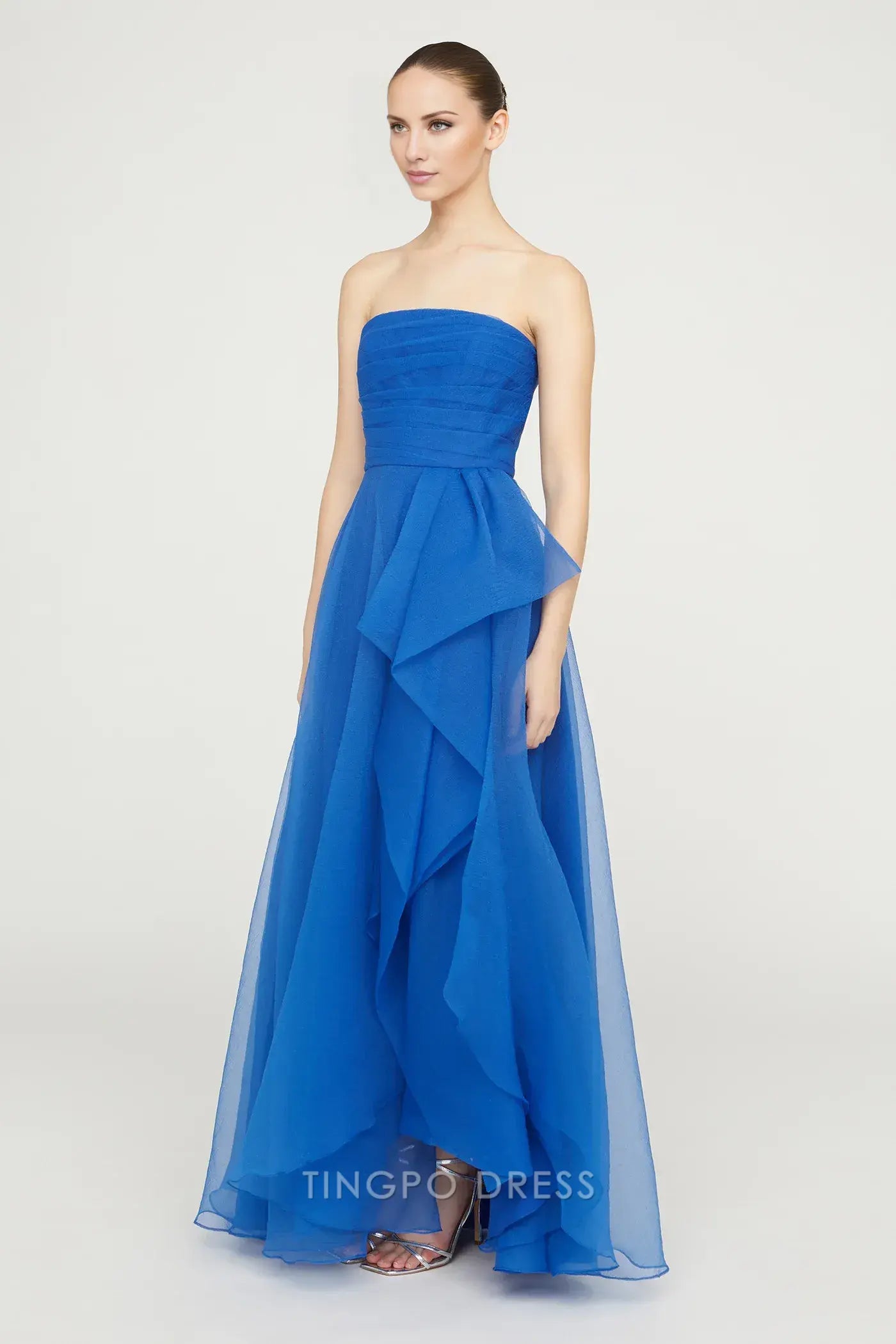 Elegant Strapless Ruched Ruffled Asymmetrical Tulle Maxi Dress Prom Dress