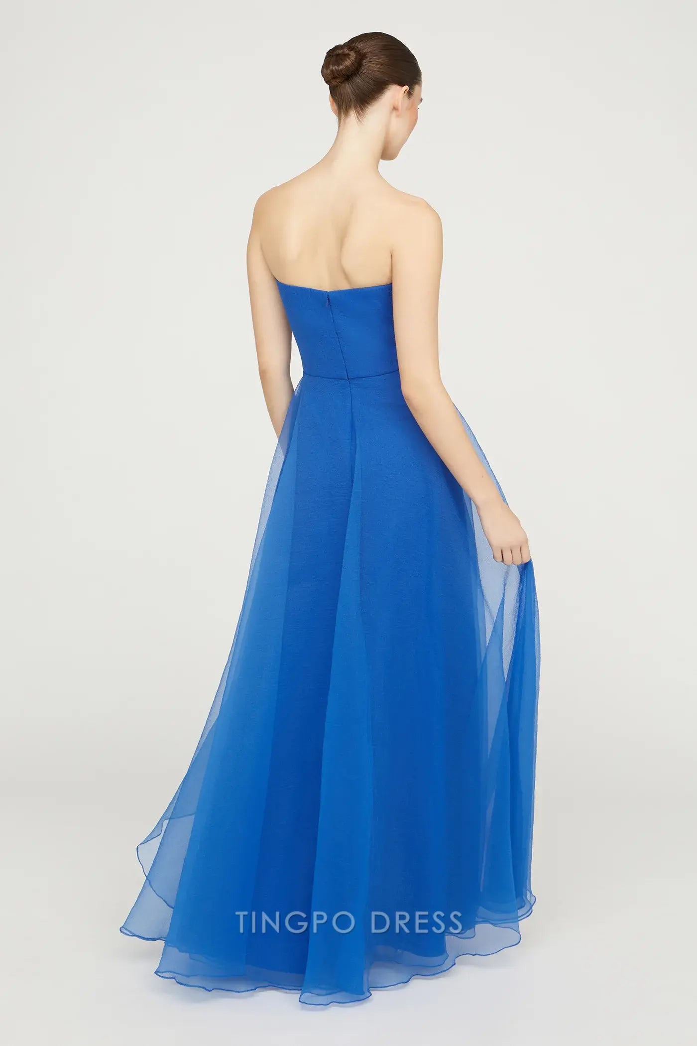 Elegant Strapless Ruched Ruffled Asymmetrical Tulle Maxi Dress Prom Dress