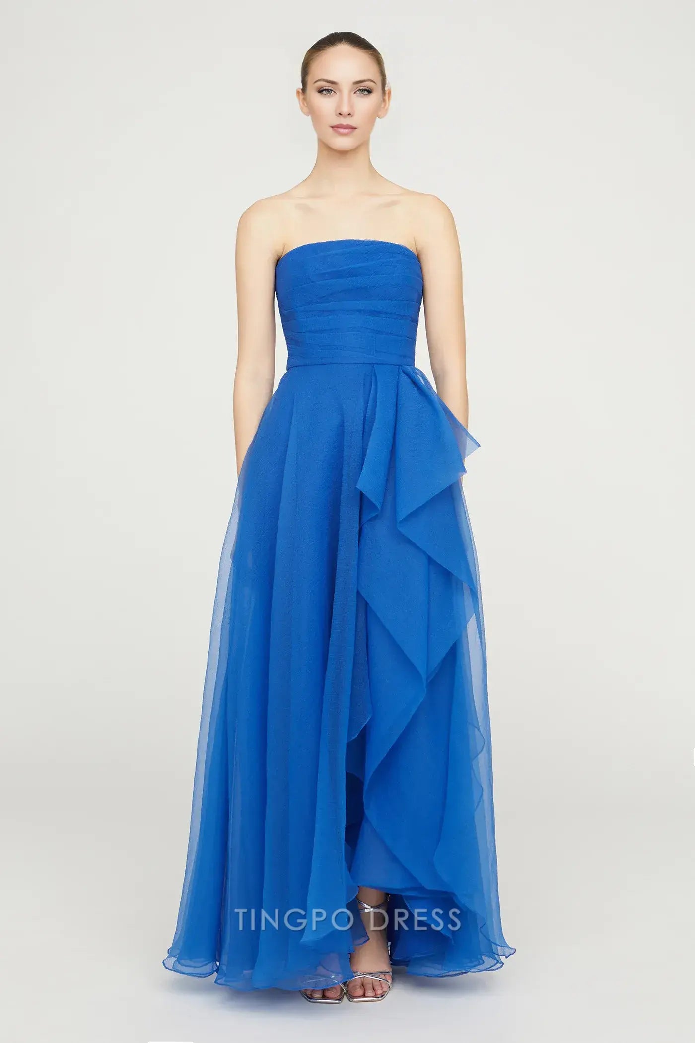 Elegant Strapless Ruched Ruffled Asymmetrical Tulle Maxi Dress Prom Dress