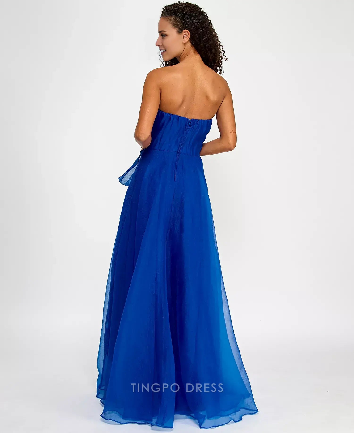 Elegant Strapless Ruffled High Slit Chiffon Maxi Dress with Pockets Prom Dress