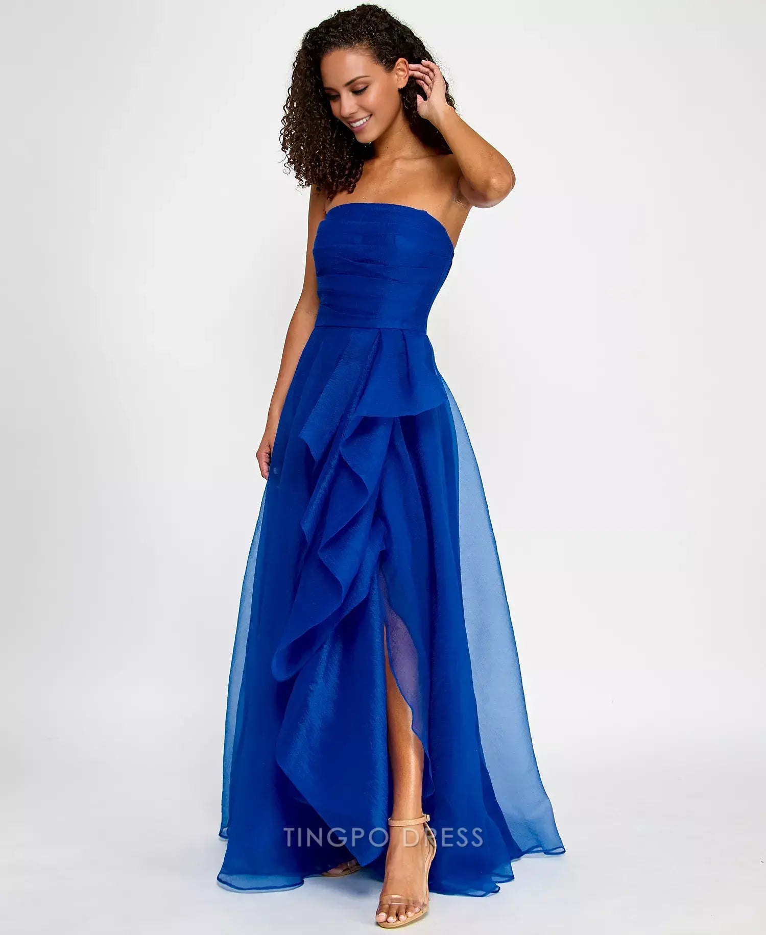 Elegant Strapless Ruffled High Slit Chiffon Maxi Dress with Pockets Prom Dress
