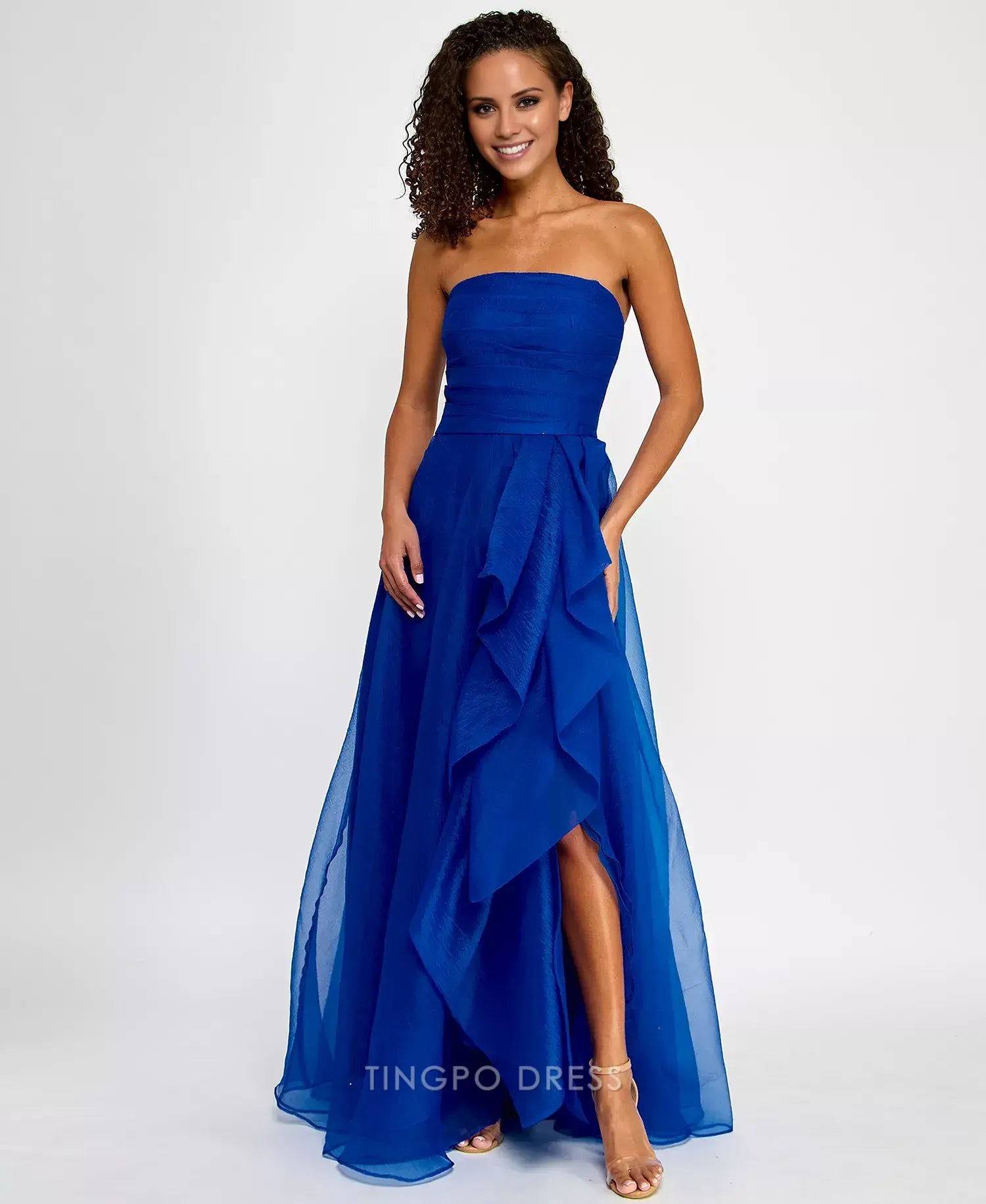 Elegant Strapless Ruffled High Slit Chiffon Maxi Dress with Pockets Prom Dress
