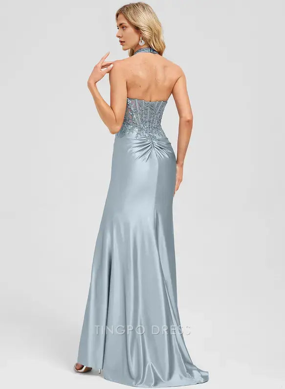 Elegant Trumpet/Mermaid Halter Sweep Train Jersey Prom Dresses With Sequins Appliques Lace Prom Dress