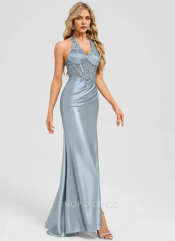 Elegant Trumpet/Mermaid Halter Sweep Train Jersey Prom Dresses With Sequins Appliques Lace Prom Dress